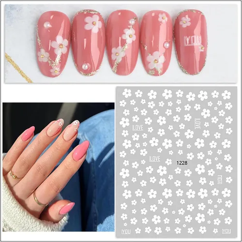 Vista 7 de 6 hojas de calcomanías de arte de uñas de flores de verano 3D, calcomanías autoadhesivas para uñas, diseño de arte blanco, amarillo, azul, negro