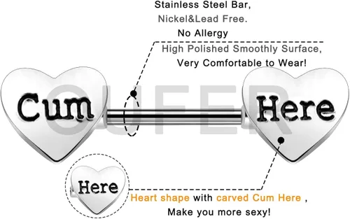 Vista 3 de OUFER 2 unids 14G acero inoxidable pezones piercing corazón con tallados Cum aquí pezón anillos piercing para mujeres hombres en cuerpo joyería