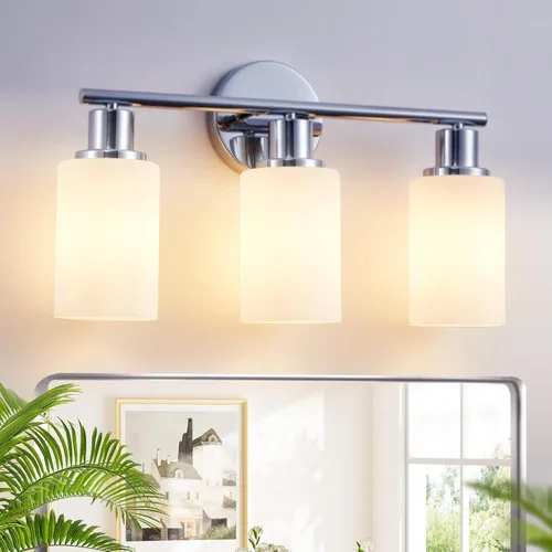 Vista 9 de [Usado] DLLT Lámparas de Baño de 3 Luces: Luces de Tocador Modernas de Níquel con Bombillas E26 - Lámpara de Pared de Baño con Pantalla de Vidrio
