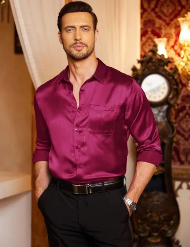 Vista 2 de COOFANDY Camisa de vestir de satén de lujo para hombre, de seda brillante, de manga larga, con botones, camisa de boda, fiesta, baile de graduación