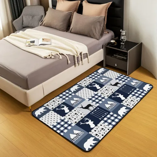 Vista 5 de jejeloiu Alfombra decorativa de ciervo, alfombra bohemia de oso con alce de 3 x 5 pies, para niños, niñas, mujeres y hombres, alfombra a cuadros