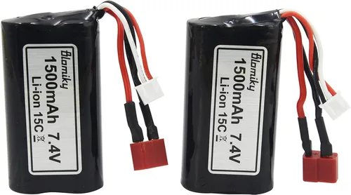 Vista 2 de Blomiky Paquete de 2 baterías recargables de iones de litio de 7.4V 1500mAh 15C con conector de enchufe T y cable USB para camión RC de alta