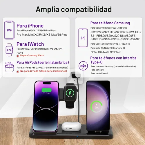 Vista 3 de Cargador inalámbrico para estación de carga de iPhone, plegable 4 en 1, carga rápida para iPhone 16, 15, 14, 13, 12 Pro Max, soporte de cargador