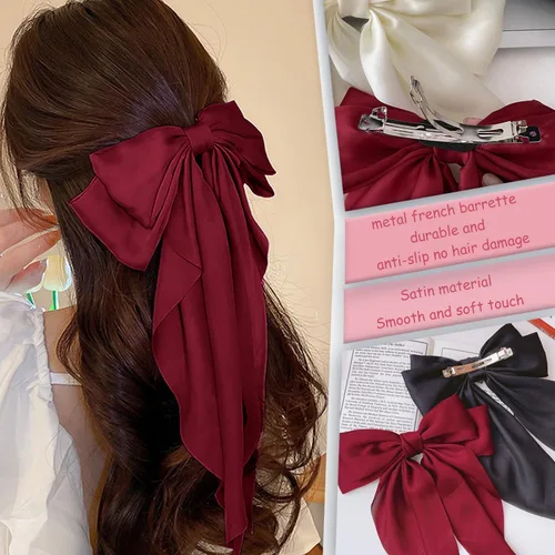 Vista 4 de Lazos para el pelo para mujeres y niñas, 10 piezas de lazos grandes, pinzas para el cabello, lazos de satén sedoso, lazo grande en capas, accesorios
