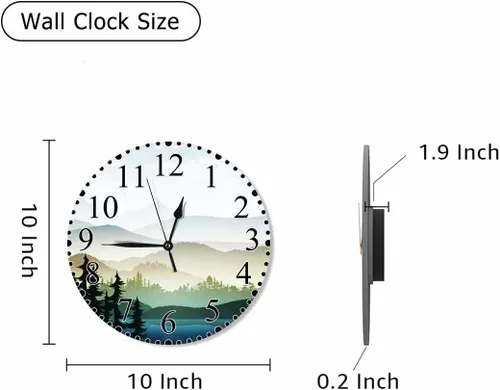 Vista 2 de Reloj de pared de paisaje natural, montaña y lago Natures Hills, árbol en ríos, reloj silencioso de 10 pulgadas sin tictac, funciona