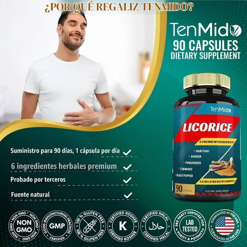 Vista 8 de Cápsulas de extracto de regaliz con cúrcuma, jengibre, fenogreco, haritaki, pimienta negra, función de digestión de apoyo, 90 cápsulas, suministro