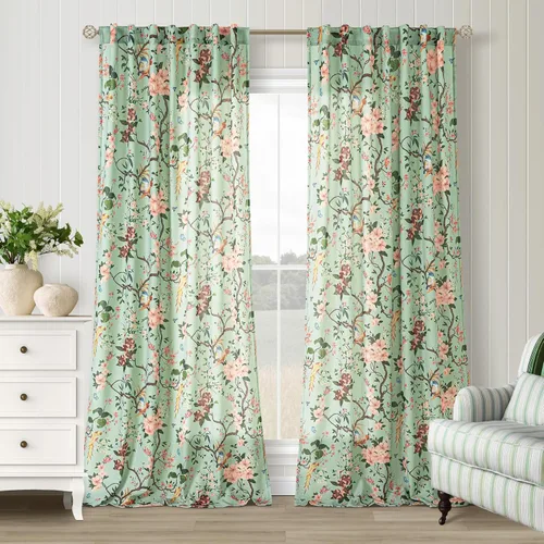 Vista 16 de Cortinas de lino de pájaro floral azul 2 paneles de 72 pulgadas de largo Aqua Blue