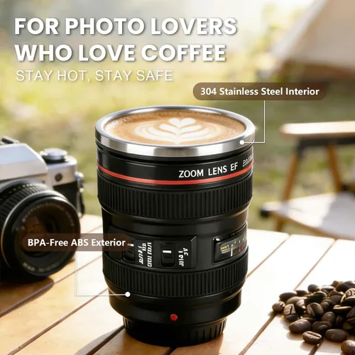 Vista 2 de Taza de café con lente de cámara, a prueba de fugas, 13.5 onzas, SUS-304, taza de viaje de acero inoxidable con cuchara, sin BPA, tapa para Negro