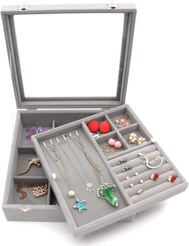 Vista 3 de KLOUD City Joyero con tapa de vidrio Caja de joyería de dos capas Organizador Display Storage Case (gris)