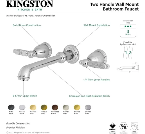 Vista 4 de Kingston Brass KS7128GL - Grifo georgiano para fregadero de pared, alcance de boquilla de 10-7/16 pulgadas, níquel cepillado
