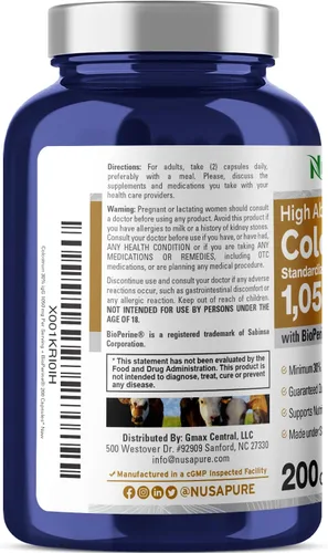 Vista 3 de NusaPure Calostro 1050 mg 30% IgG 200 cápsulas (sin OMG y sin gluten) con bioperina