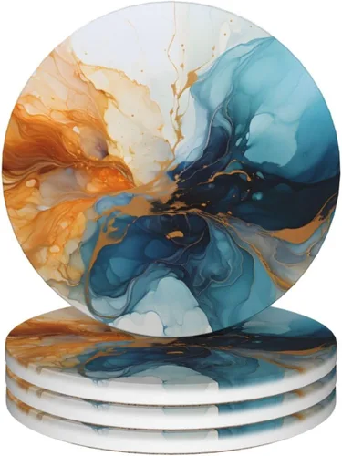 Vista 18 de Abstract Green and Gold Marble Ceramic Coaster Set of 4