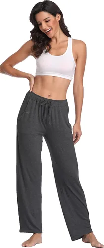 Vista 5 de Pantalones largos de modal, cómodos, con cordón ajustable, sueltos, de pierna recta, para yoga, correr, hacer deporte, con bolsillos