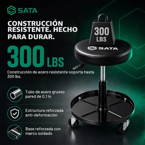 Vista 4 de SATA Taburete ajustable con ruedas, silla mecánica resistente de 300 libras de capacidad, taburete de garaje rodante para trabajo sentado, asiento