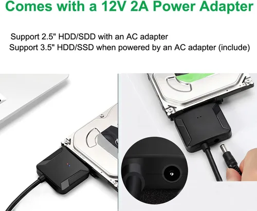 Vista 8 de Adaptador SATA a USB 3.0, cable convertidor de disco duro externo para disco duro de 2.5" 3.5", SSD con fuente de alimentación