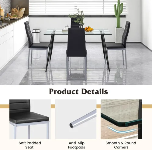 Vista 5 de Giantex Juego de mesa de comedor para 4, juego de sillas de mesa de cocina con mesa rectangular de vidrio de 51 pulgadas, 4 sillas de comedor