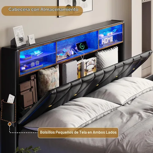 Vista 5 de BTHFST Marco de cama tamaño completo con luces LED y estación de carga, marco de cama LED tamaño completo con almacenamiento de cabecero, cama