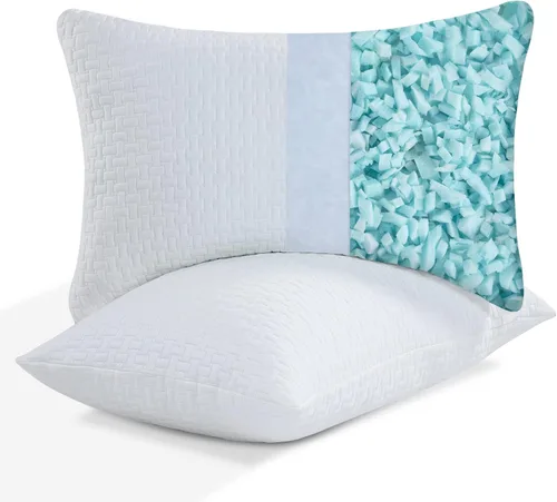 Vista 2 de HOMBYS 2 almohadas de cama extra firmes para dormir, almohadas de espuma viscoelástica trituradas tamaño estándar, para dormir de lado, espalda