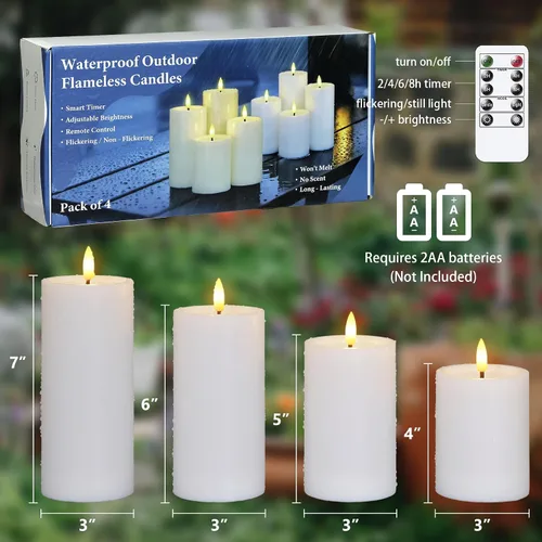 Vista 3 de Velas impermeables parpadeantes con temporizador automático, velas sin llama de plástico blanco con grasa para velas, 3" x 4" 5" 6" 7" Velas LED