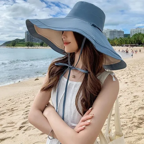 Vista 4 de Sombrero de sol de ala súper ancha para mujer, de algodón, plegable, reversible, con borde con cable, protección UV, verano, playa, viajes, jardín