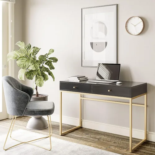 Vista 4 de BELLEZE moderna mesa de tocador, mesa de maquillaje o escritorio para oficina en casa, computadora, portátil, para escribir, con dos cajones de Negro