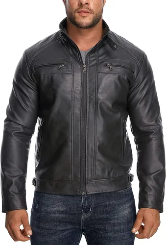 Vista 2 de HOOD CREW Chaqueta de cuero con cuello alto para hombre, chaqueta casual de piel sintética para motocicleta, abrigo con bolsillos con cremallera