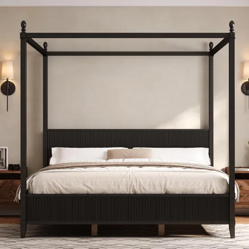 Vista 53 de Cama de plataforma con dosel de 4 pósteres de tamaño matrimonial con cabecero de listones verticales Negro-8.1