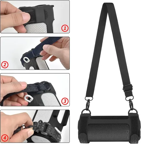 Vista 2 de Cubierta de silicona para JBL Grip Altavoz Bluetooth compacto, estuche de transporte portátil con correa de hombro desmontable ajustable para Negro
