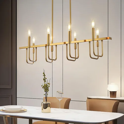 Vista 2 de Lámparas de comedor rectangulares sobre la mesa, candelabros lineales para comedor, candelabro moderno de 8 luces en oro cepillado, luces de isla