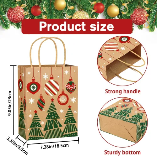 Vista 2 de Vellibring 24 piezas de bolsas de regalo de Navidad Kraft, bolsas de papel de Navidad con asa, bolsas de papel de Navidad con estampados navideños