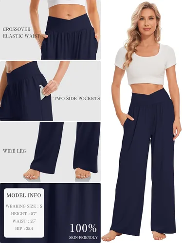 Vista 5 de TARSE Pantalones holgados casuales de pierna ancha para mujer, pantalones de yoga, cómodos, cruzados, de cintura alta, pantalones de pijama