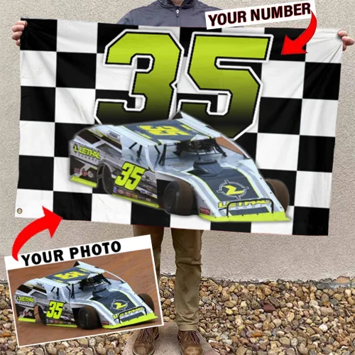 Vista 10 de Sprint Car Racing - Foto personalizada, nombre y número de carreras de bandera estadounidense a cuadros para amantes de las carreras de pista