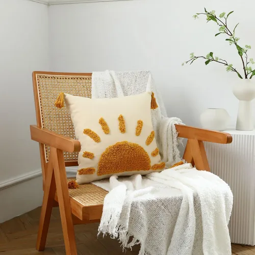 Vista 7 de Fundas de almohada bohemias de 18 x 18 pulgadas, fundas de almohada decorativas de sol con borlas, funda de almohada moderna marroquí para sofá