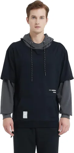 Vista 7 de GURUNVANI Sudadera con capucha de color de contraste para hombre Sudaderas con capucha de patchwork