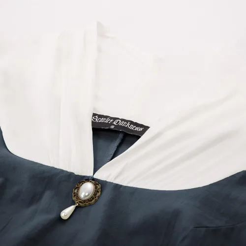 Vista 6 de Vestido de la pradera para mujer, disfraz sencillo de pionera colonial de la década de 1800, azul marino, talla extragrande M