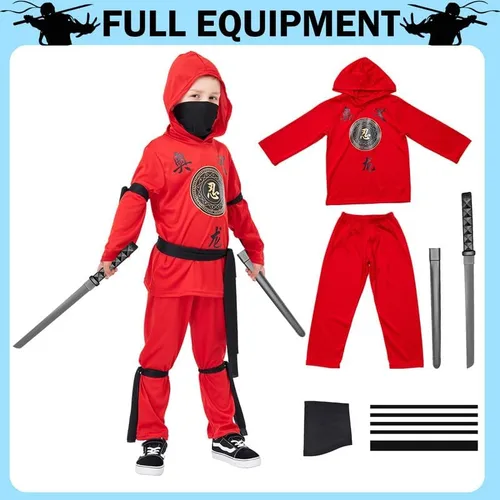 Vista 4 de Disfraz de ninja rojo de lujo con espada ninja de arma, capucha y pantalón para niños, cosplay de Halloween