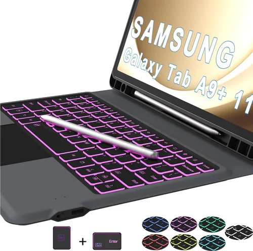 Vista 4 de Funda para teclado para Samsung Galaxy Tab A9+ A9 Plus de 11": Teclado con trackpad retroiluminado de 7 colores para Samsung Tab A9+ Plus 5G de 11