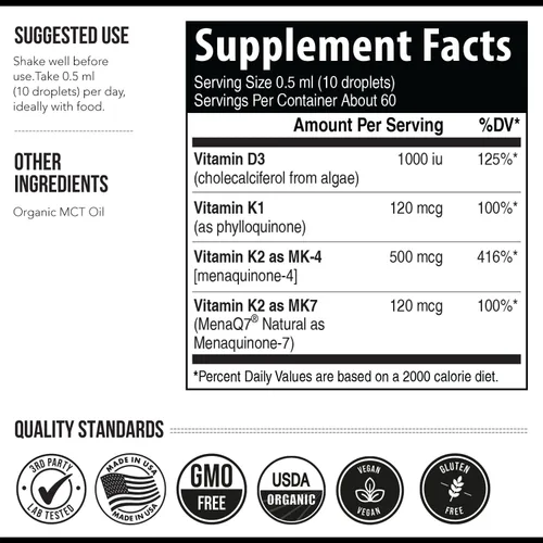 Vista 6 de Total K2® Vitamina K2 como MK7 y MK4 Cofactor Plus K1 y vitamina D3 – 620 mcg de K2 por porción – All-Trans MK7 de MenaQ7® – Vitamina K