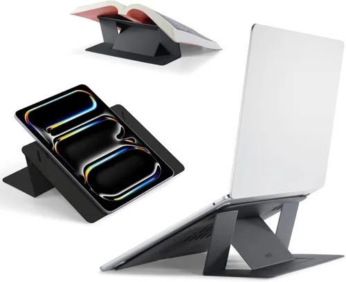 Vista 10 de MOFT Soporte para computadora portátil para escritorio, soporte adhesivo para computadora MacBook con 2 ángulos de visión ajustables, elevador Negro