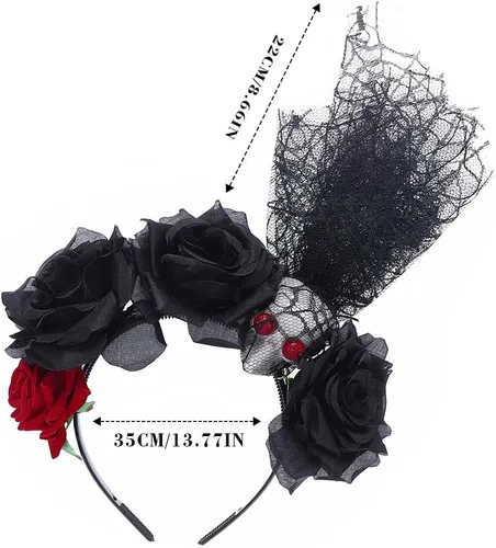 Vista 6 de Diadema de Halloween con diseño de rosas y flores, diadema para el Día de los Muertos, velo negro, diadema para mascarada, disfraz de festival
