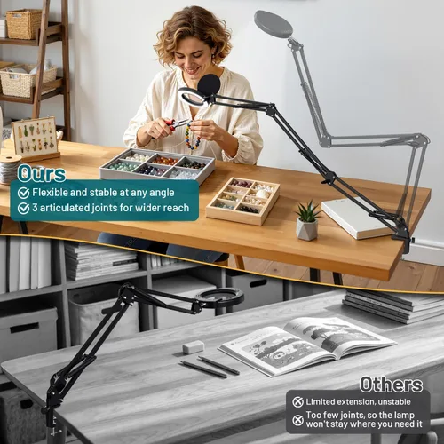 Vista 6 de 15X Magnifying Glass with Light and Clamp, 84 LED Hands-Free Lighted Magnifying Glass with Clamp, 3-Section Arm 5 Color Modes Dimming LED Desk
