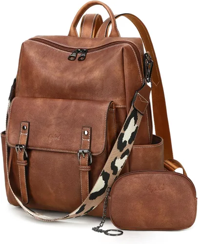 Vista 16 de AGLOD Mochila de cuero sintético para mujer, bolsos de viaje de moda para mujer, bolsos de viaje de trabajo de imitación, Beige- negro-marrón