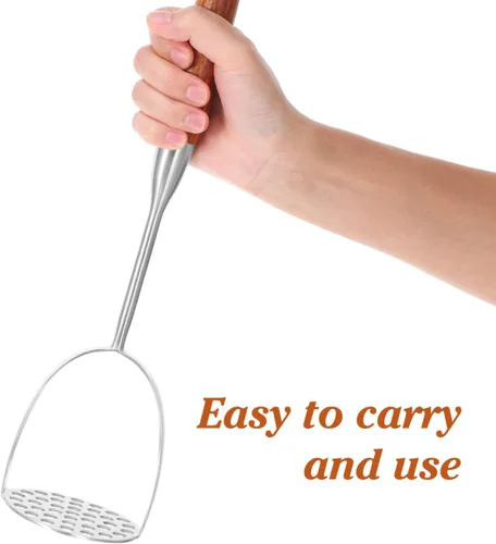 Vista 4 de Angoily Triturador de papas de acero inoxidable con mango de madera, prensador de papas resistente para papas de mano para aguacate y verduras