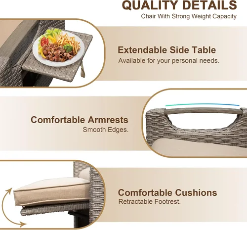 Vista 3 de Domi - Silla reclinable para exteriores, sillón reclinable de patio con mimbre tejido a mano, mesa abatible con respaldo de empuje, ángulo