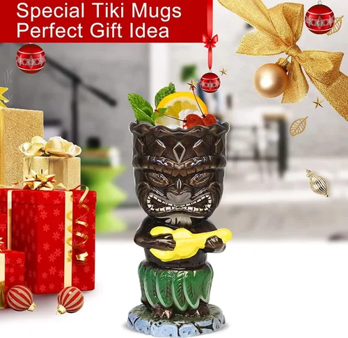 Vista 7 de SuproBarware Tiki - Juego de tazas de cóctel de 10.1 fl oz, coloridas tazas de cóctel de cerámica, decoración hawaiana para fiestas exóticas