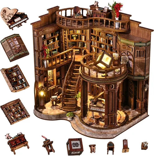Vista 12 de Kit de rincón de libros de biblioteca antigua, rompecabezas 3D de madera con luz LED, modelo de estantería en miniatura, decoración cultural