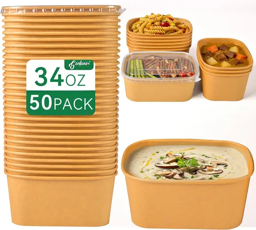 Vista 10 de Recipiente desechable de 17 onzas con tapas, 50 juegos de tazones de papel para acai compostables para fideos de sopa, aptos para microondas