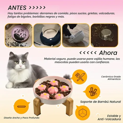Vista 4 de Cuenco elevado para gatos de alimentación lenta – Rompecabezas laberinto plato de comida para gatos con soporte de bambú, antideslizante – Base Rosa