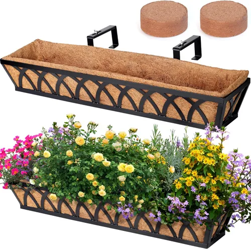 Vista 8 de Jardinera Colgante para Ventana, Cesta Colgante de Metal Negro de 24 Pulgadas para Plantar Flores con Forro de Coco para Balcón Exterior, Porche