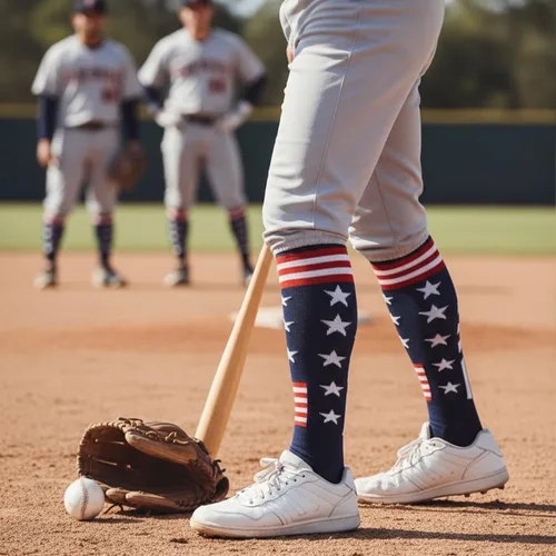 Vista 4 de Calcetines atléticos hasta la rodilla con la bandera estadounidense para béisbol, fútbol, sóftbol y fútbol
